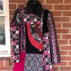 Fun and funky, pink and black patchwork coat